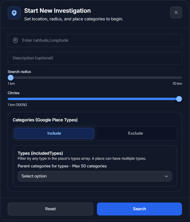 Start New Investigation — coordinate, radius, and category search panel
